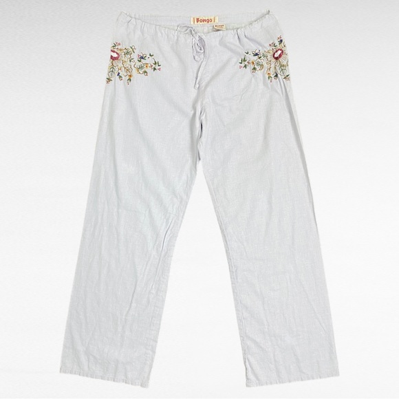 VINTAGE | BONGO Cotton White Linen Blend Embroidered Coastal Drawstring Pants - Picture 8 of 11